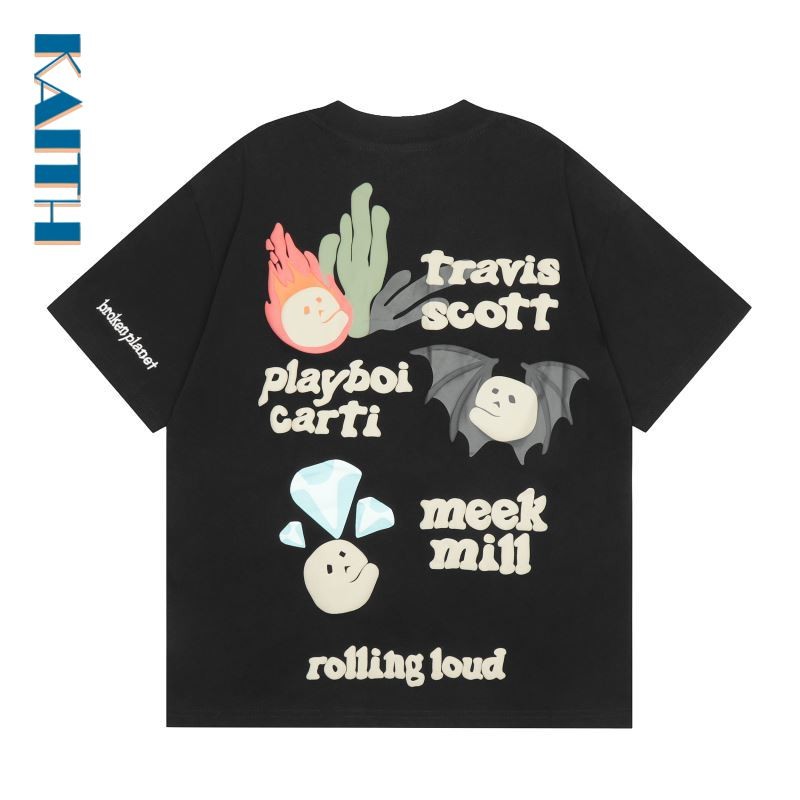 #T71 Streetwear คู่เกาหลี Crewneck ผ้าฝ้ายกราฟิก Tee Graffiti พัฟเปลวไฟเพชรค้างคาว Ball รูปแบบพิมพ์ Unisex Plus ขนาดยอดนิยม Vintage เสื้อยืดสําหรับชาย