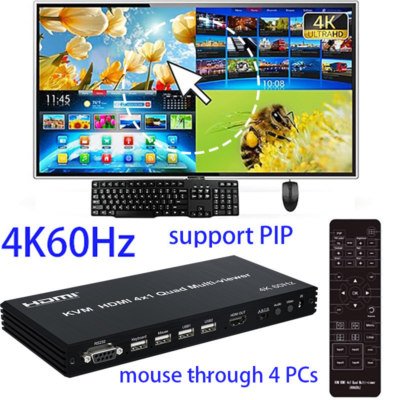4k 60Hz KVM 4x1 HDMI Multiviewer Video Converter Quad Screen Multi-viewer รองรับ PIP 90° 180° หมุนคีย์บอร์ดเมาส์ผ่าน 4 ชิ้น