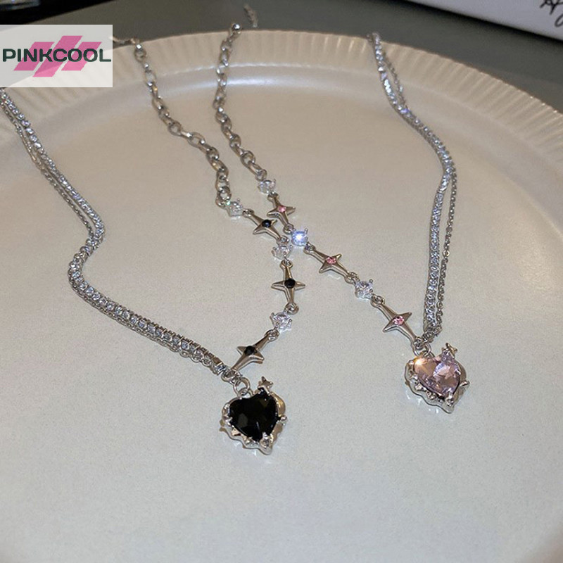 Pinkcool เกาหลีแนวโน้มแฟชั่นสําหรับผู้หญิงวัยรุ่น Cool Heart จี้สร้อยคอคริสตัล Awn Star สร้อยคอแนวโน