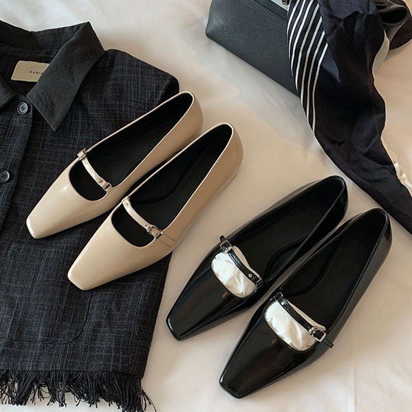 Elegant Square Toe ปากตื้นหนังแท้ All-Match ด้านล่างแบนสายคล้องคอ Mary Jane รองเท้าผู้หญิง
