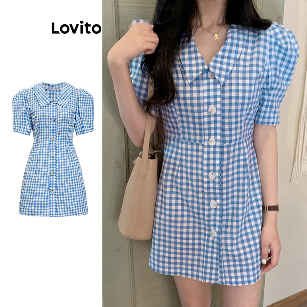 Lovito ชุดเดรสด้านหน้าปุ่มลายสก๊อตลำลองสำหรับผู้หญิง L95ED178