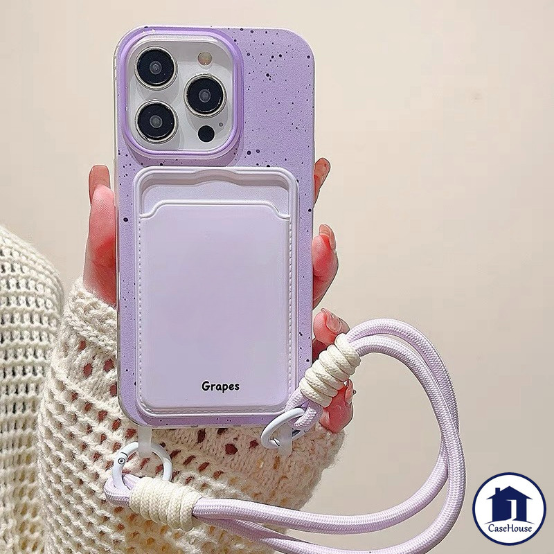 เคสแบบนุ่มพร้อมเชือกคล้องสำหรับใส่บัตรสีม่วงเรียบง่าย เข้ากันได้กับ IPhone XR 7 8 Plus 15 14 13 11 12 Pro Max X XS SE