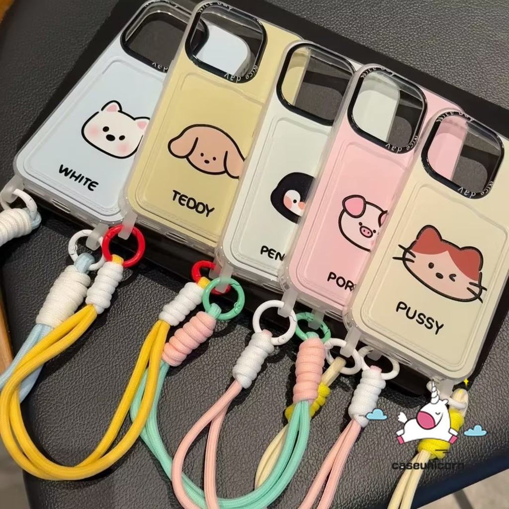 Simple น่ารักสัตว์ลูกแมว Puppy Creative การ์ตูนสําหรับ IPhone 13 14 15 12 11 Pro Max X 7Plus XR XS Max 7 6s 6 15 8 Plus SE หรูหรากระเป๋าสตางค์ช่องใส่การ์ด Lanyard กรณี