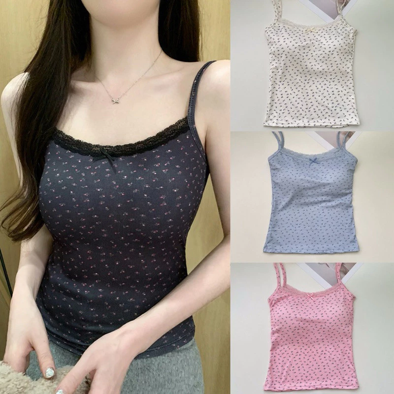 YY60 เสื้อสายเดี่ยว ดีเทลลายดอกไม้ มีฟองน้ำในตัว มินิมอลสไตล์เวียดนาม พร้อมส่งในไทย น่ารัก ตัวเดียวกับที่มาเบลpixieใส่🤍🎀
