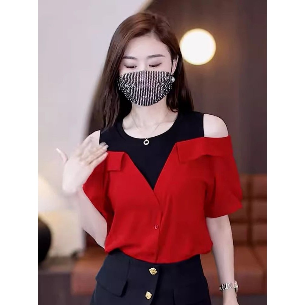 เสื้อแขนสั้นผู้หญิง 2024 ฤดูร้อนใหม่ปิดไหล่ การทําตัวให้ผอม สูงสุด