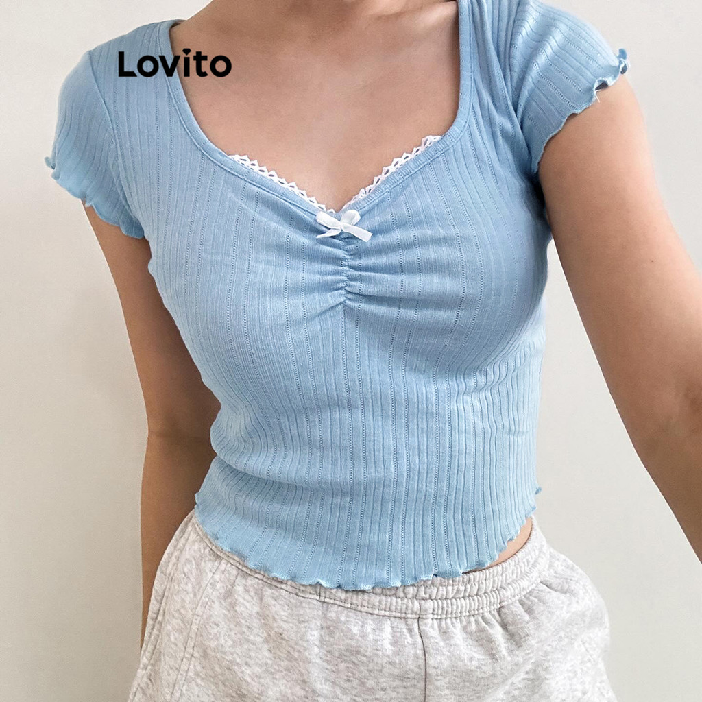 Lovito เสื้อยืดคอระบายธรรมดาสำหรับผู้หญิง L99ED385