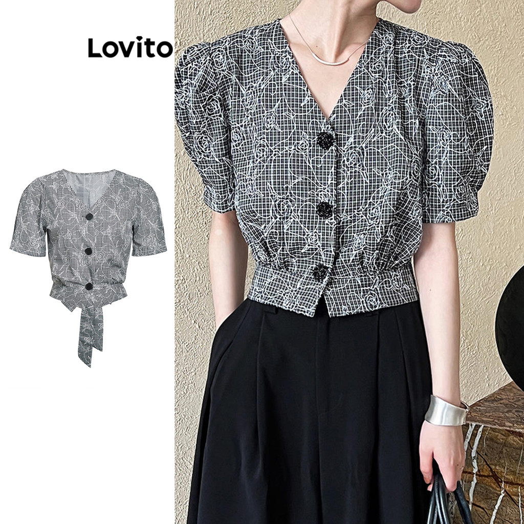 Lovito เสื้อเบลาส์ผูกด้านหน้าลายดอกไม้หรูหราสำหรับผู้หญิง L100MD494