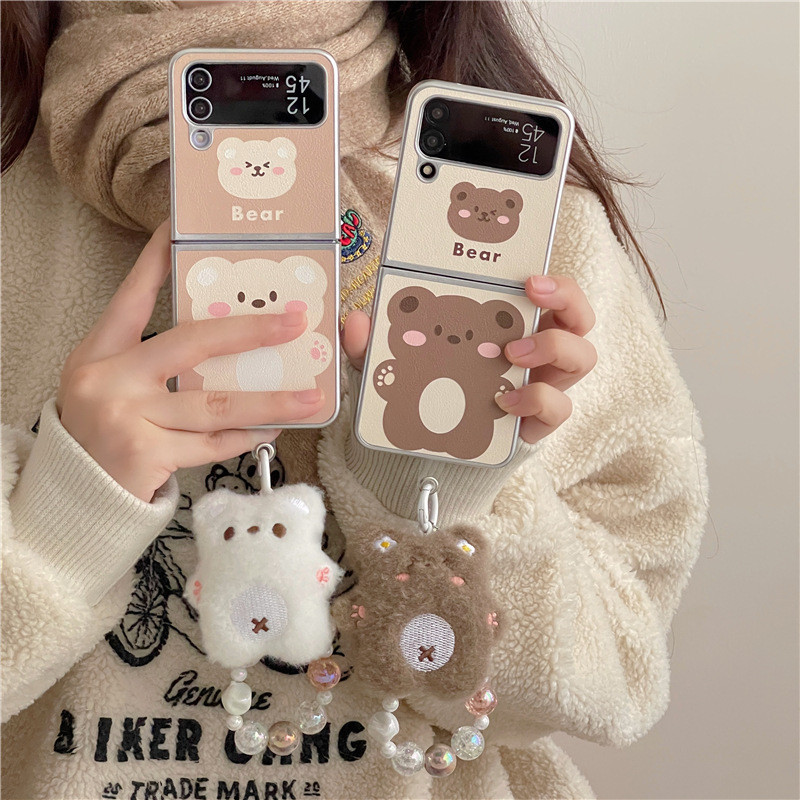 เคสโทรศัพท์มือถือหนังแกะ ลายการ์ตูนหมีบราวน์น่ารัก พร้อมสายโซ่คล้อง สําหรับ Samsung Galaxy Z Flip 5 Z Flip 4 Z Flip 6