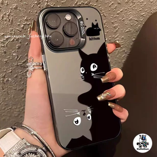 เคสไอโฟน11 สีดำหรูหราซิลิโคนแข็งกรณีโทรศัพท์ แมวสีดำแมวสีขาว For IPhone 13 12 7Plus 14 15 11 Pro MAX 8 7 6 Plus X XR XS