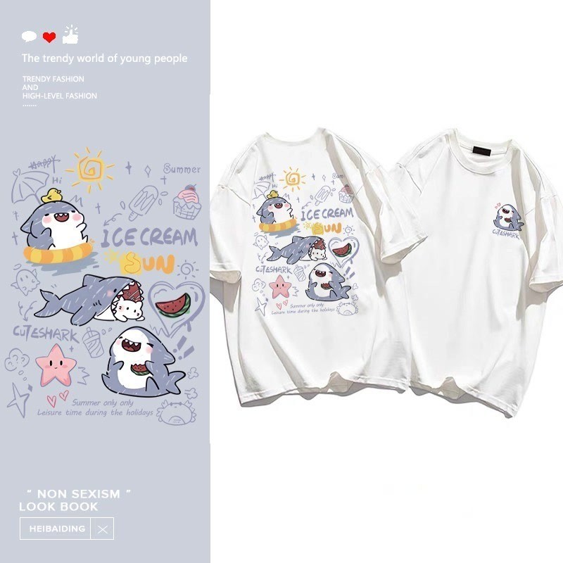 COD✅ (จัดส่งในกรุงเทพฯ) MAO Shop Printed T-shirt，การ์ตูนน่ารักฉลามพิมพ์ผ้าฝ้ายแขนสั้นเสื้อยืด #53043