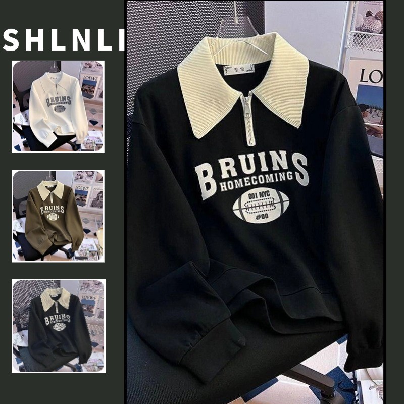 เสื้อสเวตเตอร์แขนยาวคอปกโปโลย้อนยุคอเมริกันของผู้หญิงฤดูใบไม้ผลิฤดูใบไม้ร่วง