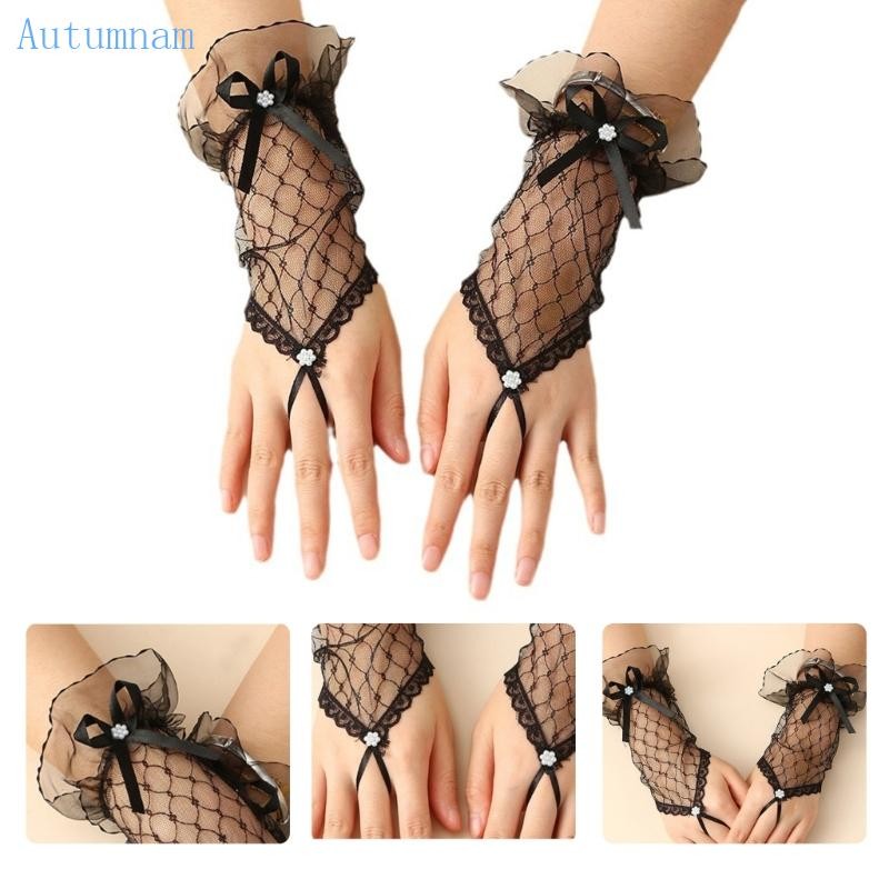 ใส่ชุดราตรีถุงมือลูกไม้สําหรับผู้หญิงเลดี้ถุงมือสั้นพรหมถุงมือ