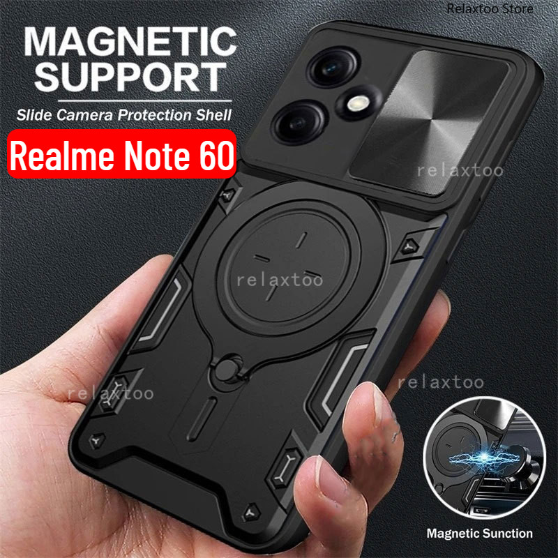 Realmenote60 X 4GปลอกกันกระแทกสําหรับRealmeหมายเหตุ60 X 50 Note60x 60X Note50 4G 5Gโลหะที่วางแหวนแม่เหล็กสไลด์กดเลนส์กล้องฮาร์ดเคสโทรศัพท์ปกป้องฝาหลังปลอก