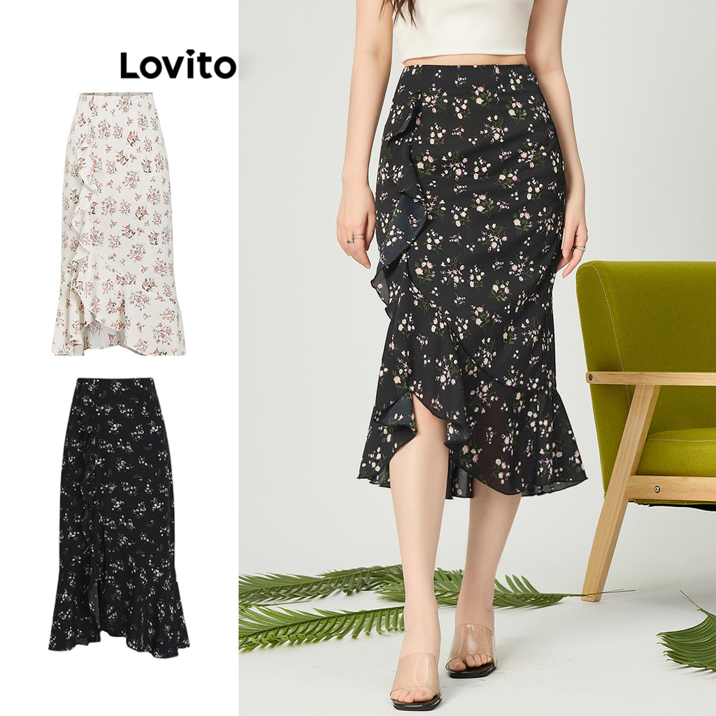 Lovito กระโปรงผู้หญิง แต่งระบาย ลายดอกไม้ สไตล์โบโฮ L86ED265(หลากสี)