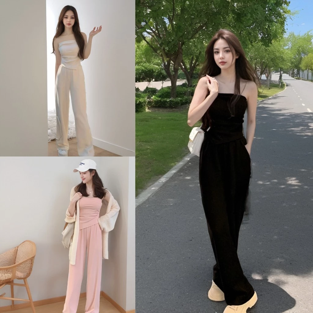 ใหม่! ชุดเซ็ท 2 ชิ้น เสื้อเกาะอก + กางเกงขายาวสีพื้น ดีไซน์สวยงาม สวมใส่สบายที่เพิ่มความทันสมัยให้กับทุกวันของคุณ