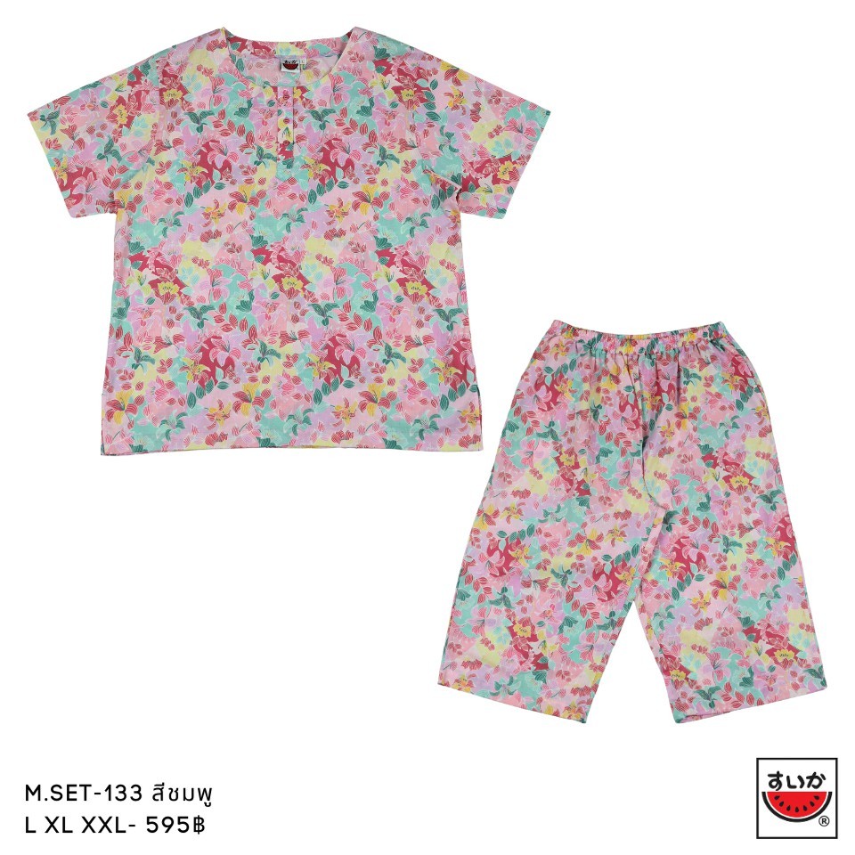 แตงโม (SUIKA) - เซ็ทชุดนอนผ้าป่านมัสลินเสื้อคู่กางเกง ลายดอกไม้ ( M.SET-133 )
