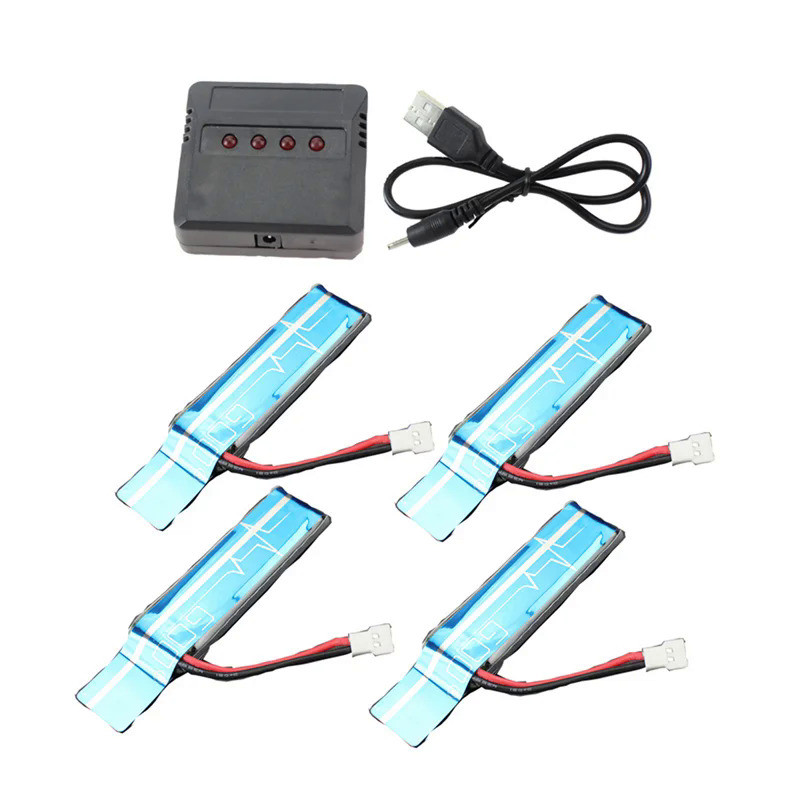 4PC 3.7V 520MAh 30C Upgraded Li-Po Battery with USB Charger for WLtoys XK K110 K110S V930 V977 RC He