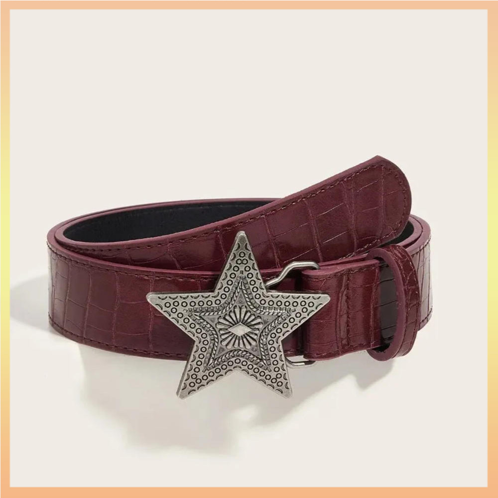 กว้าง 3.3 ซม.Hip-hop Retroสุภาพสตรีเข็มขัดGothic Punk Five-pointed Starหัวเข็มขัดPuหนังGirdle Rock Y2kยอดนิยมเข็มขัดสีแดง