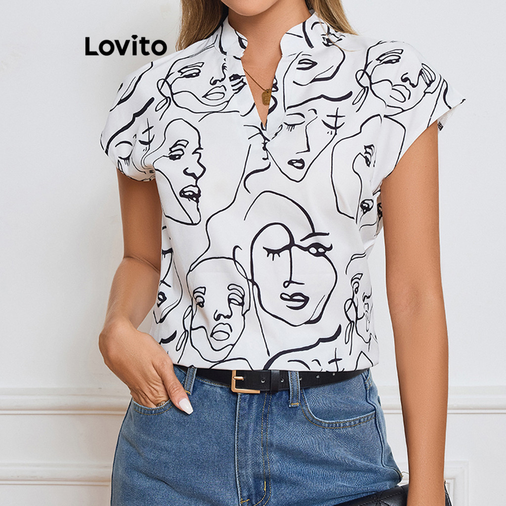 Lovito เสื้อเบลาส์ลายเรขาคณิตหรูหราสำหรับผู้หญิง LBL17066