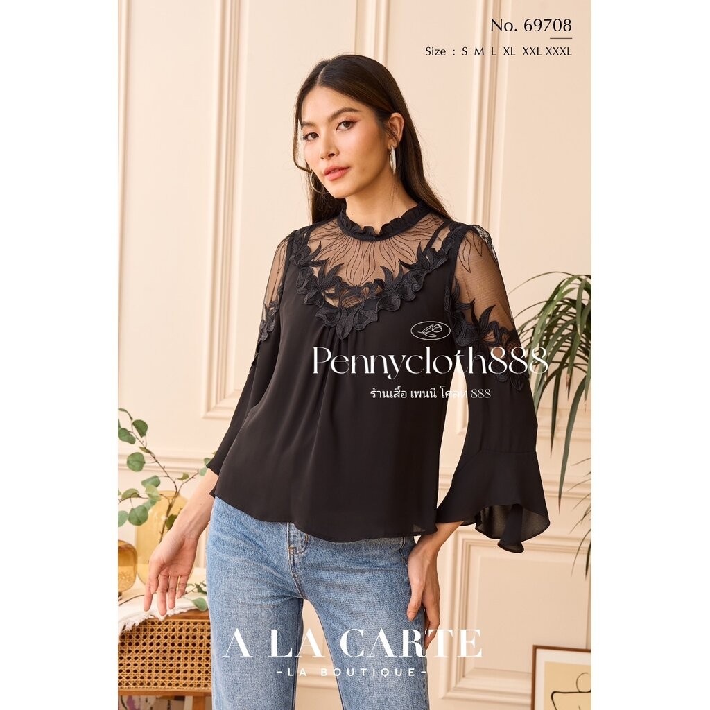 69708 เสื้อ A La Carte ชีฟอง งานปักผ้าลูกไม้ตาข่าย ช่วงอกและแขน ทรงแขนแฟร์ เสื้อมีซับใน by PENNY CLO