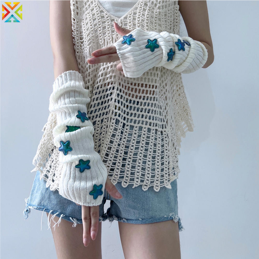 Punk สีทึบ Star ถักถุงมือ Y2k Gothic ขนสัตว์แขนยาวแขนอุ่น