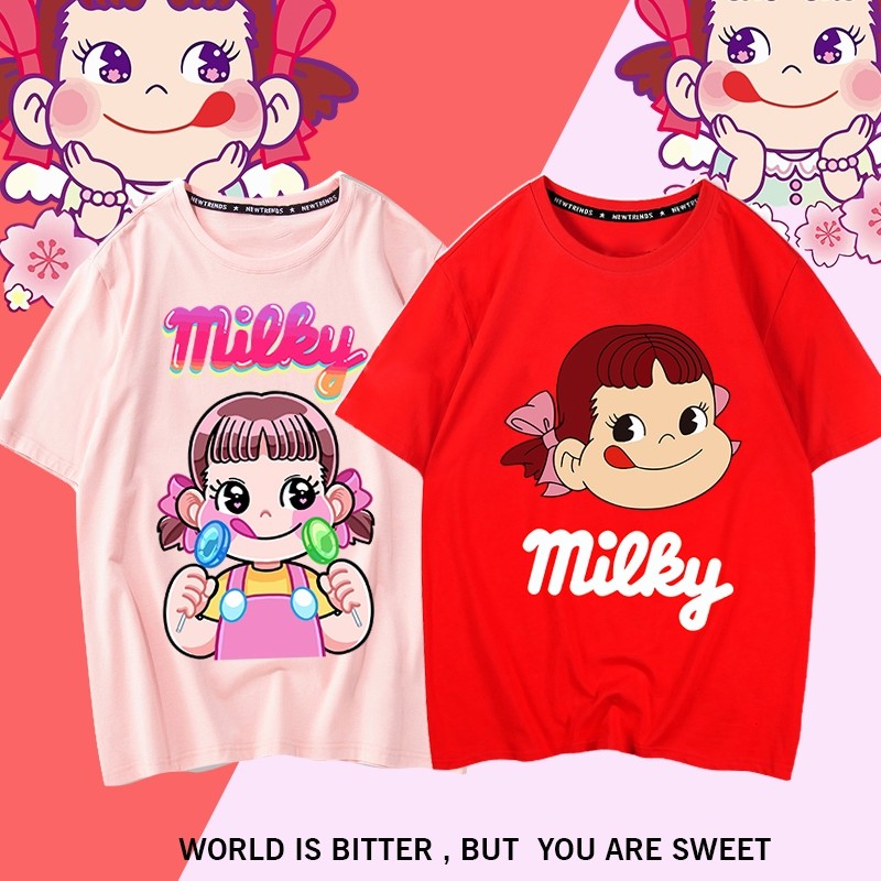 Kaos Distro น่ารัก Milky สาวเสื้อยืด Candy Girl Milky Atasan Wanita Terbaru แนวโน้มผ้าฝ้ายแขนสั้น