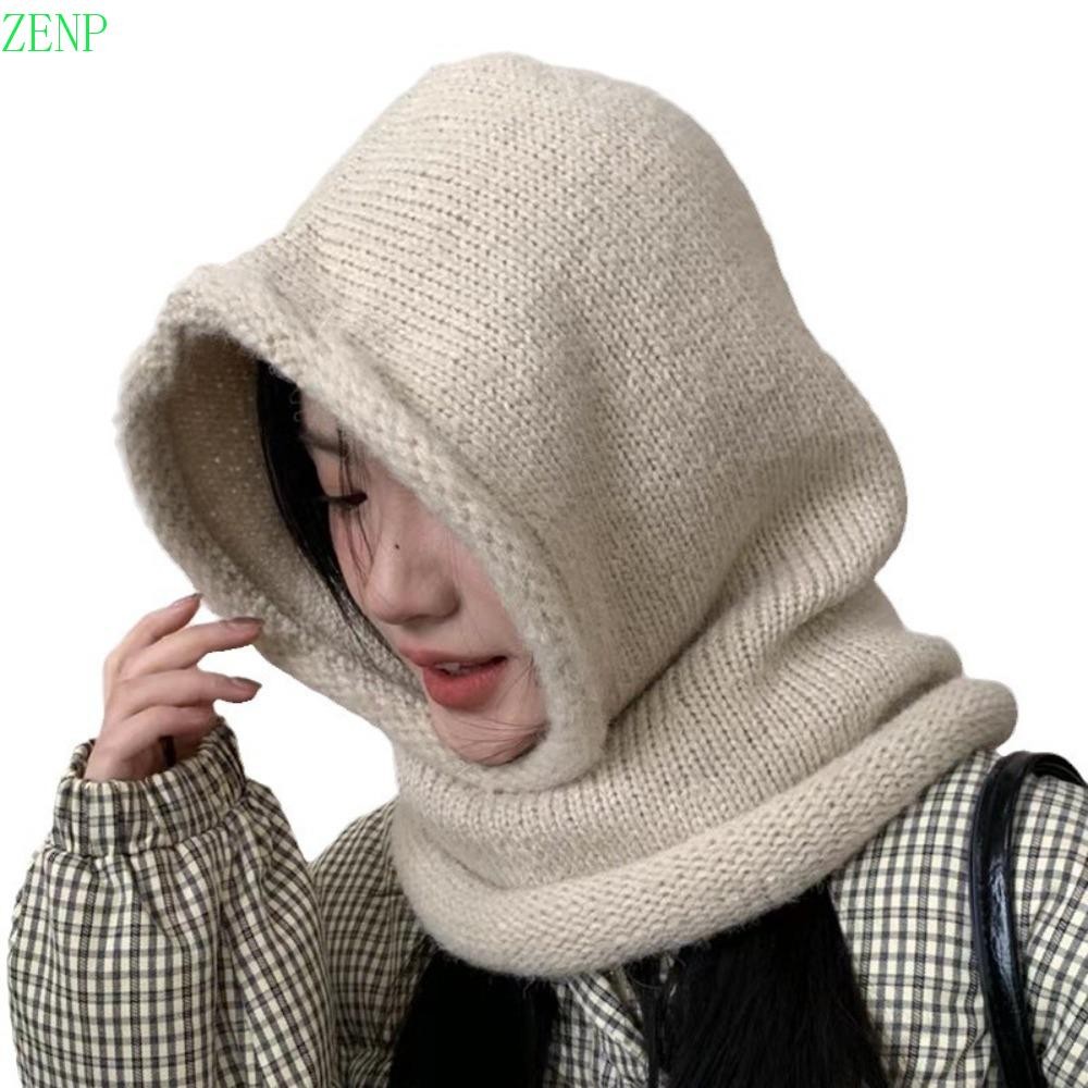 Zenpulse หมวกมีฮู้ด,กันลมสีทึบถักหมวกไหมพรม,น่ารักคอป้องกันป้องกันหูให้อบอุ่นคอปลอกคอ Beanies หมวกฤดูใบไม้ร่วง