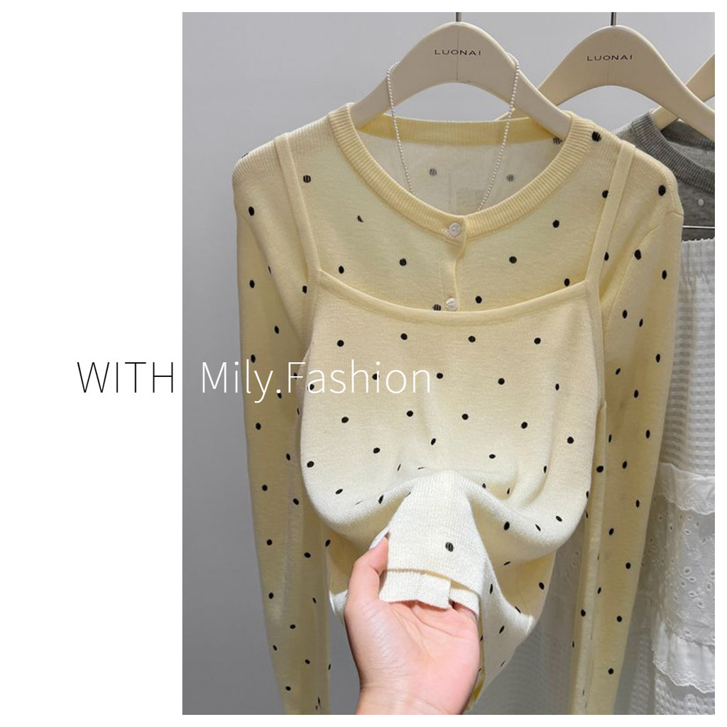 Milyfashion ฤดูใบไม้ร่วงสไตล์ใหม่ Apricot Polka Dot ไหล่ถักเสื้อแขนยาวสองชิ้น