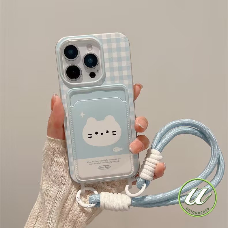 การ์ตูนแมวน่ารักสองสายคล้องข้อมือนุ่ม เคส IPhone 14 16 12 13 11 15 Pro Max XR X XS Max 7 8 15 7Plus 