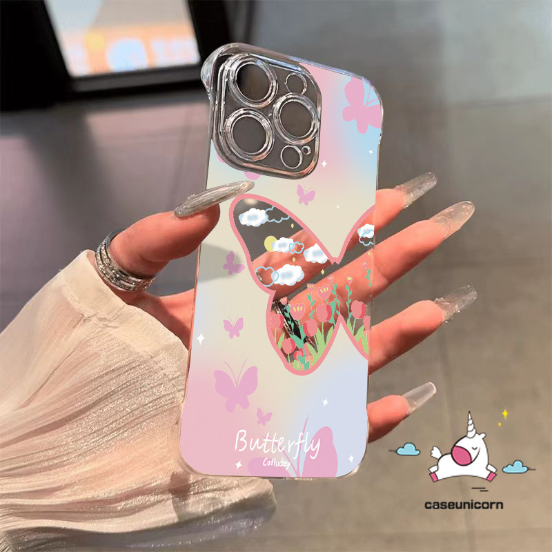 Frameless Ultra-thinโปร่งใสHard CaseสําหรับIPhone 15 14 11 16 13 12 Pro Max XR 7Plus X 16 15 7 8 14 Plus XS Max SE 2020 Dreamyภาพวาดการ์ตูนRetroผีเสื้อกรณี