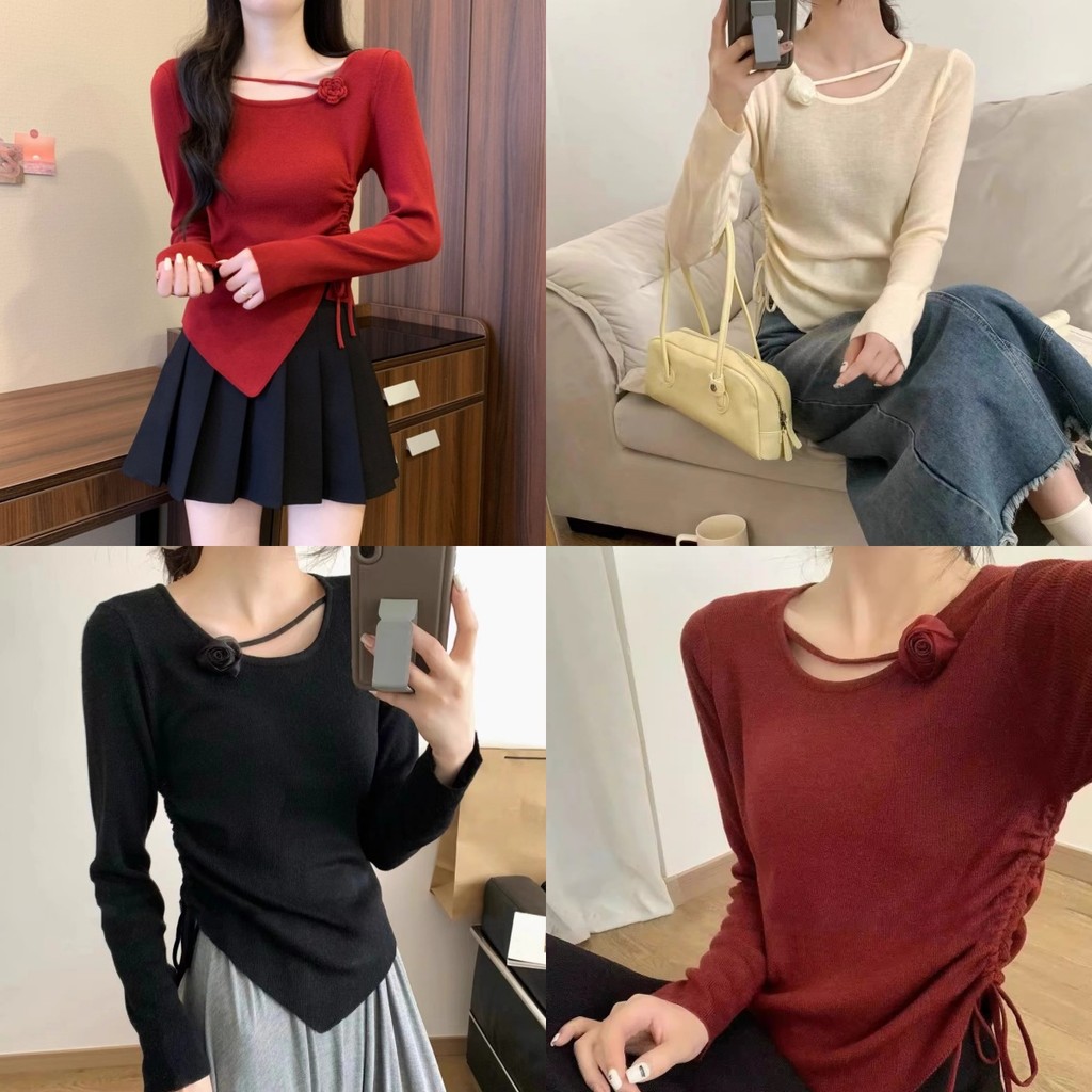 Bonnie ​เสื้อไหมพรมแขนยาว สลิม ดีเทลแต่งสายคาด ติดดอกไม้น่ารัก สไตล์เกาหลี ใส่สบาย ส่งไวจากไทย#Y-P37