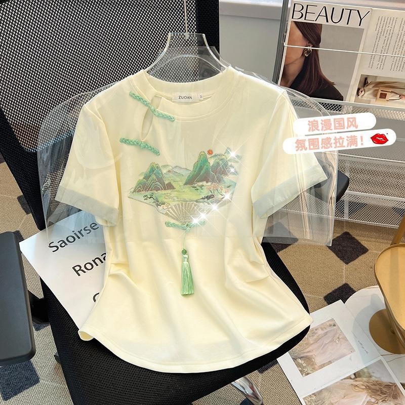 เสื้อยืดลายดอกไม้จีนติดกระดุมเก๋ๆสําหรับผู้หญิง - เสื้อยืดแขนสั้นเอว