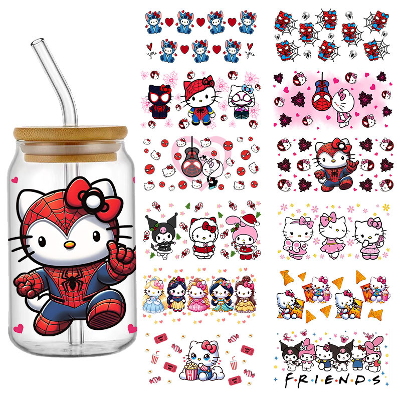 Hello Kitty Kuromi Design UV DTF สติกเกอร์สําหรับ 16ozCup Glass Wrap Transfer สติกเกอร์ป้าย DIY โลโก้ Self กาว