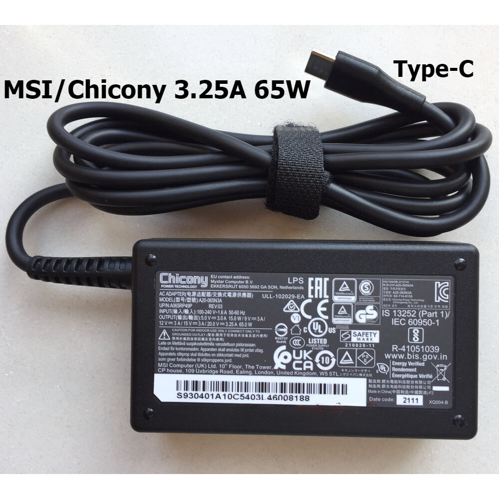 Chicony 20V 3.25A 65W Type-C USB-C ที่ชาร์จสําหรับ Acer Swift Go/MSI Summit E13 Prestige 15 อะแดปเตอร์