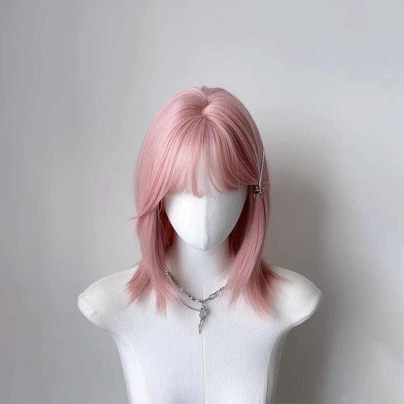 วิกผมสีชมพูหญิงน่ารัก jk Full Head Cover Collarbone ผม lolita ทั้งสาวกลุ่มผมไหล่ Universal cos หญิง