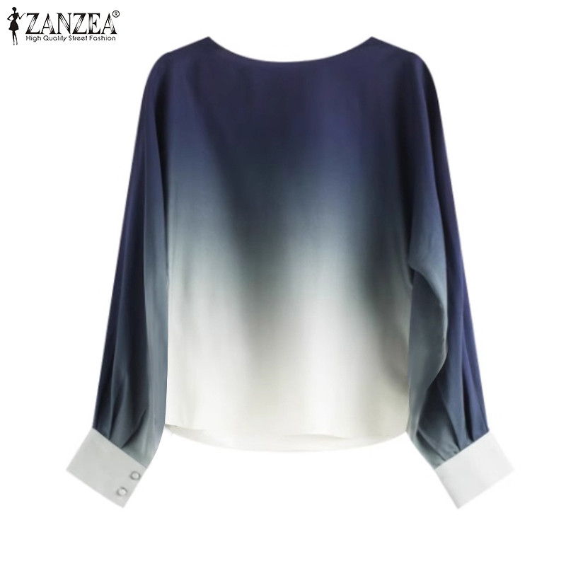 ZANZEA ซานเซีย ผู้หญิงลําลองรอบคอไล่โทนสีพิมพ์ค้างคาวเสื้อแขนยาว