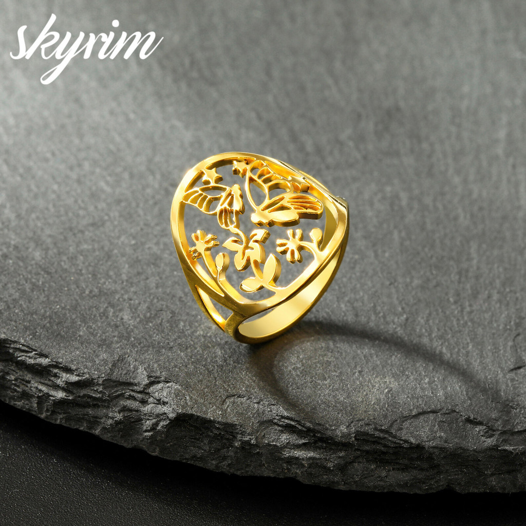SKYRIM ไทเทเนียมสแตนเลสสตีลแหวนผีเสื้อร่องน้ำผึ้งเก็บเครื่องประดับการออกแบบ
