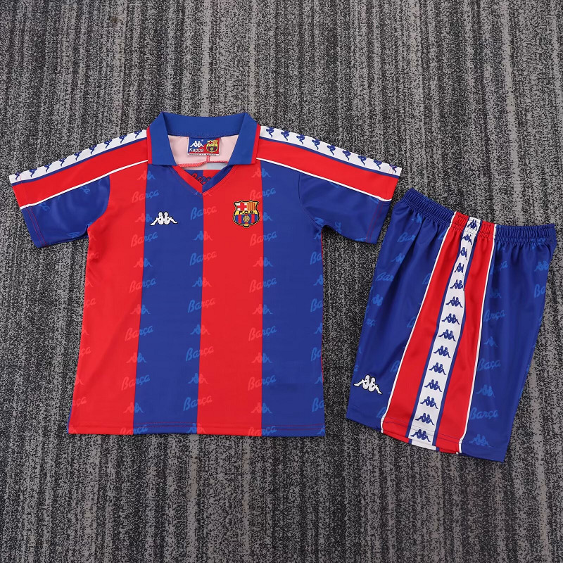 เสื้อฟุตบอลเด็ก 92-95 Barcelona ชุดกีฬาสําหรับเด็ก Custom Name 16-28 ไซส์ (จัดส่ง 48 ชั่วโมง)