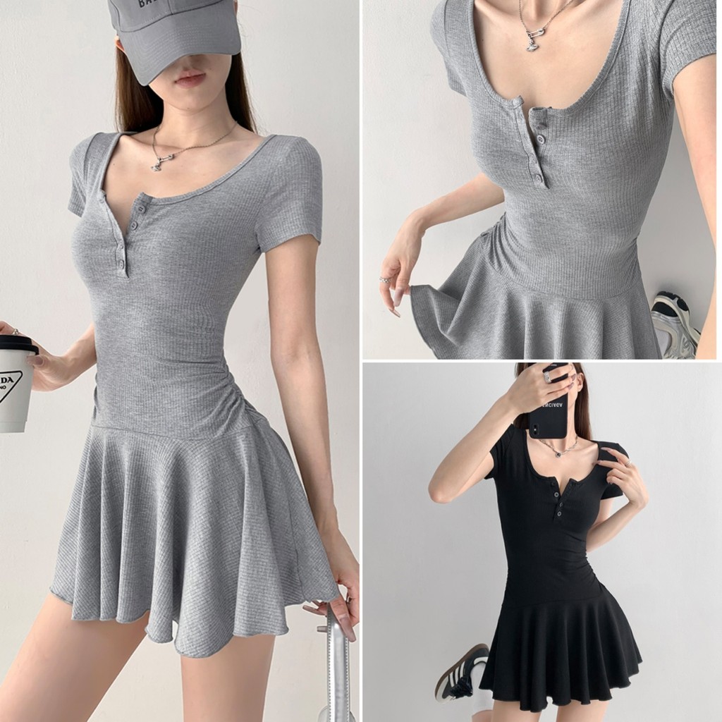 Betty house พร้อมส่ง ชุดเดรสผู้หญิง เดรสสั้นรัดรูป ชุดผู้หญิง ทรงเอเซ็กซี่สีพื้น สไตล์สาวฮอตน่ารัก