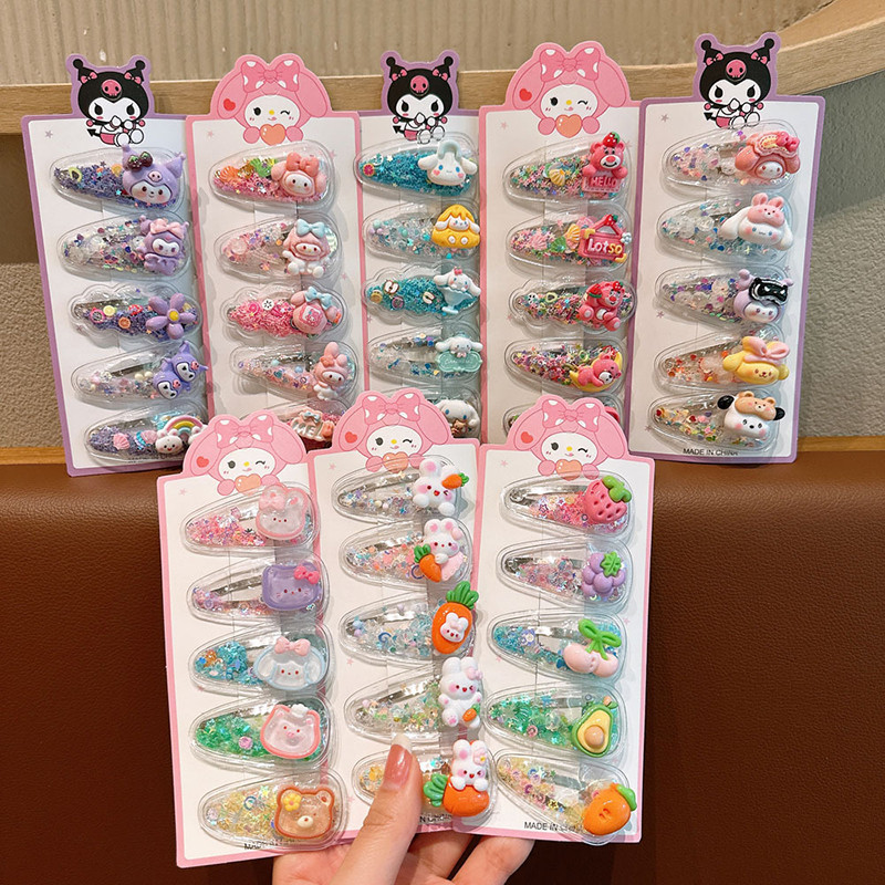 ชุดขนมน่ารัก 5 ชิ้น Kuromi Cinnamoroll Melody กิ๊บติดผมลายการ์ตูนหมีสตรอเบอร์รี่สําหรับเด็กผู้หญิง D