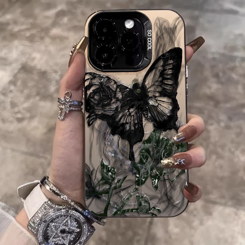เคสไอโฟน16 15 14 13 12 11 Pro Max Case กราฟฟิตี้ผีเสื้อสีดำกันกระแทกสร้างสรรค์ Compatible เคส iPhone X/XS, XR,7+,8Plus