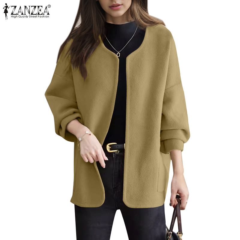 Zanzea ผู้หญิงวินเทจลําลองคอลูกเรือกระเป๋าเสื้อคลุมสีธรรมดา