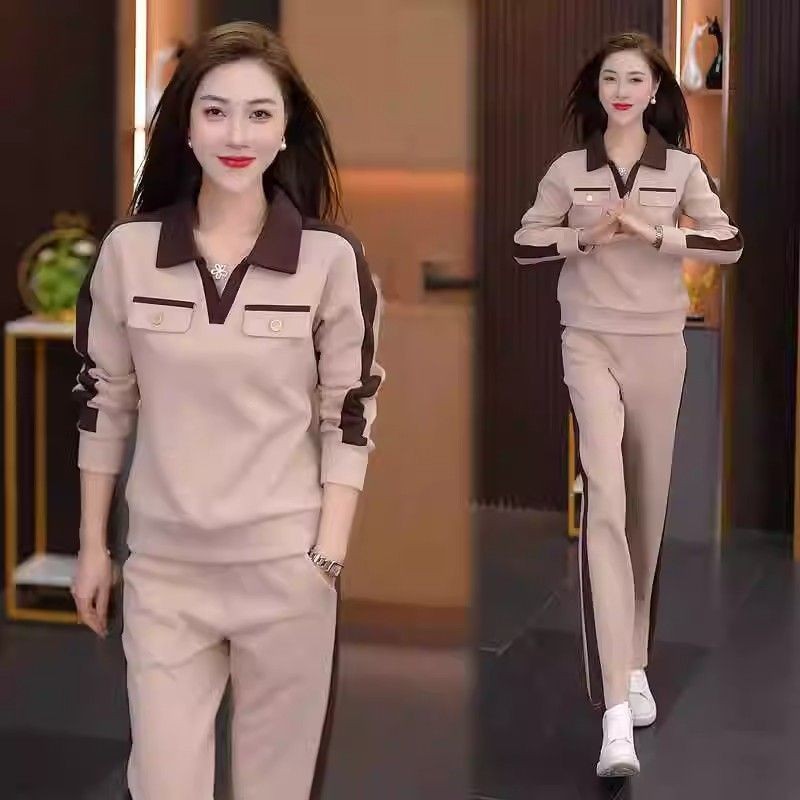 กีฬาชุดลําลองกางเกงผู้หญิง 2024 ผอมลง ดูลดอายุแฟชั่นเสื้อกันหนาวหลวมสองชิ้น
