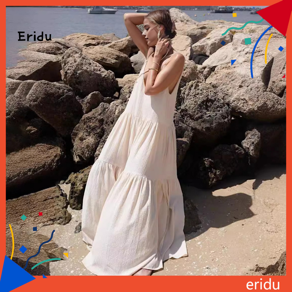 [ER] หลวม Fit ชุดเดรสยาว A-line Dress Boho Beach Maxi Dress ลึก V คอแขนกุด Patchwork จีบวันหยุด Resort Wear Sundress