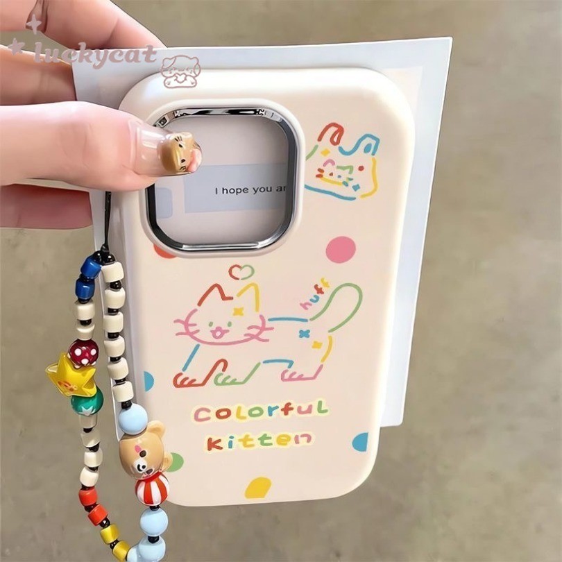 Iphone 16 15 14 13 12 11 Pro Max X Xr Xs Max 7 8 Plus SE2020 เคสโทรศัพท์การ์ตูนตัดสายที่มีสีสัน Cat + Lanyard Soft Cover
