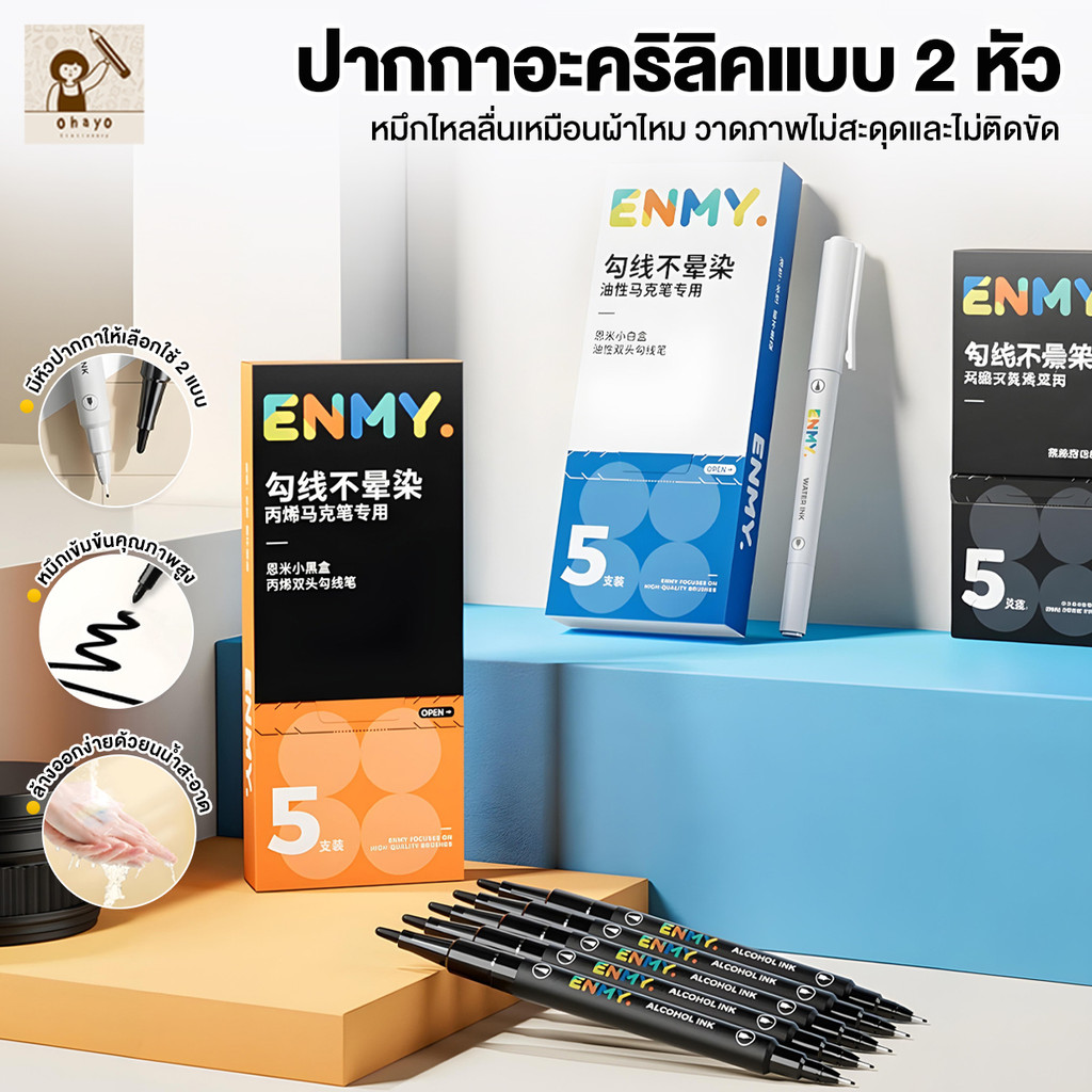 Ohayo มาร์คเกอร์2หัว หัวบาง/หัวหนา ปากกาตัดเส้น ปากกาเขียนเส้นศิลปะ ดำ/ขาว แห้งเร็วและกันน้ำ หัวเข็ม