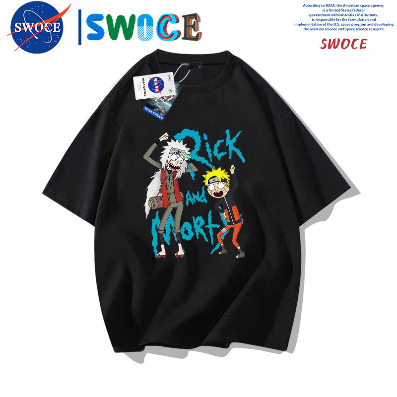 Naruto Joint Rick และ Morty พิมพ์ผ้าฝ้ายแขนสั้น เสื้อยืด street wear หลวมสบาย breathable สีดำ 3xl