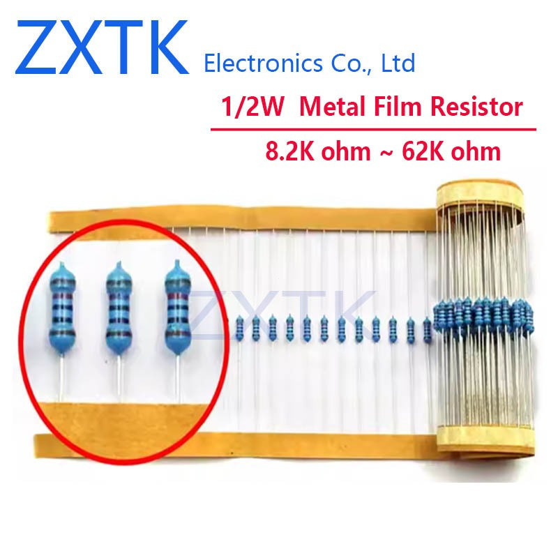 ใหม่CHIP 50pcs 0.5 วัตต์ 1/2W ตัวต้านทานฟิล์มโลหะ 8.2K 9.1K 10K 11K 12K 15K 16K 18K 20K 22K 24K 27K 