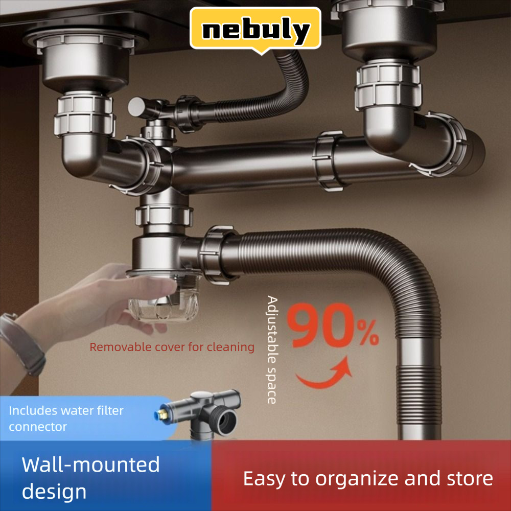 ชุดท่อน้ําทิ้งอ่างล้างจาน ตําแย ชามเดี่ยว/คู่พลาสติกชุดระบายน้ําป้องกันการรั่วไหลประหยัดพื้นที่ติดตั้งง่ายท่อเปลี่ยนท่อระบายน้ําครัว