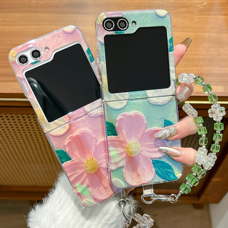 Fold Case สําหรับ SAMSUNG Z Flip3 Flip4 Flip5 Flip6 สองด้าน IMD Blue light ภาพวาดสีน้ํามันดอกไม้สร้อ